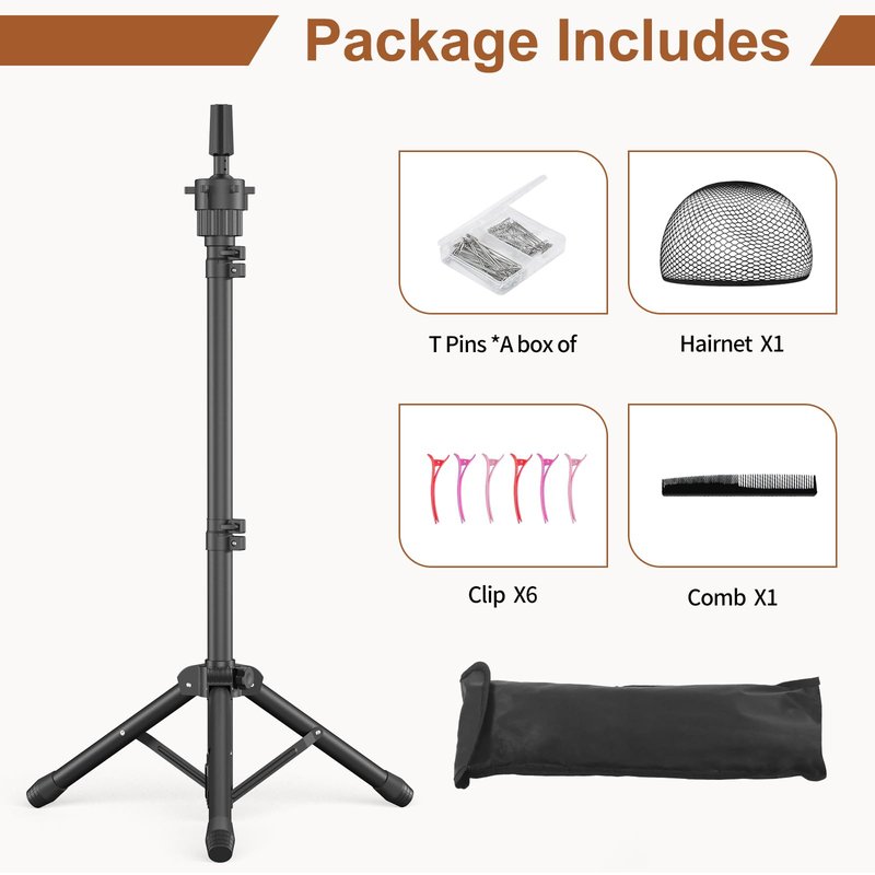 Womnwomn Wig Stand Tripod, 50 Inch Adjustable Mannequin Head Stand, Wig Head Stand for Cosmetology, Hairdressing Training - Includes T-Pins, Comb, Hair Clips & Carrying Bag (Head Not Included)