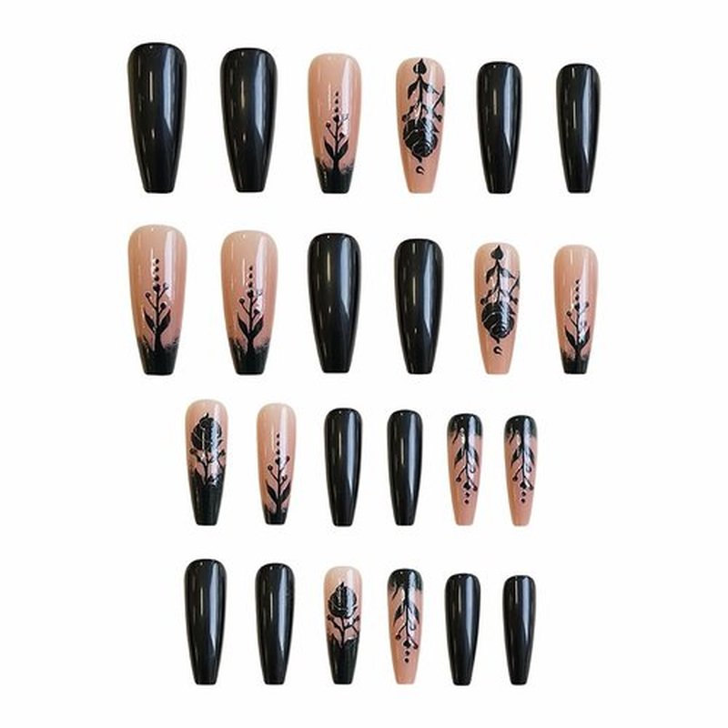 MISUD Press on Nails - Long Coffin Glue on Nails with Goth Black, Acrylic Gothic Rose Design 24 pcs