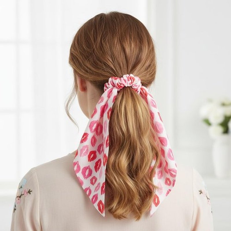 Briutn Valentines Hair Scrunchies for Women Pink Heart Hair Ribbon Scrunchy Ponytail Holder