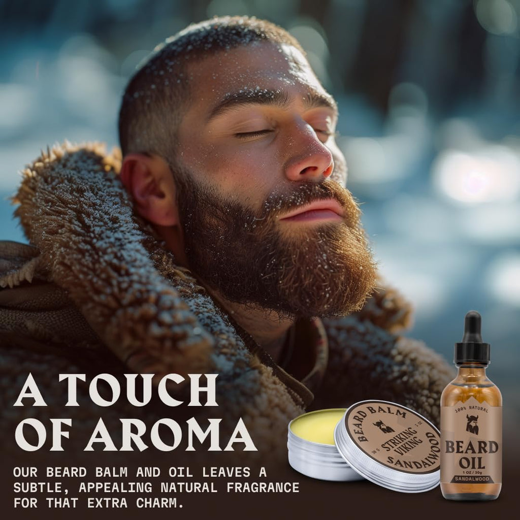 Striking Viking Beard Oil and Balm Set - Dual Use Leave in Beard Conditioner Tames, Styles, Softens, and Moisturizes Beards and Mustache - Made with Natural and Organic Argan and Jojobo Oils