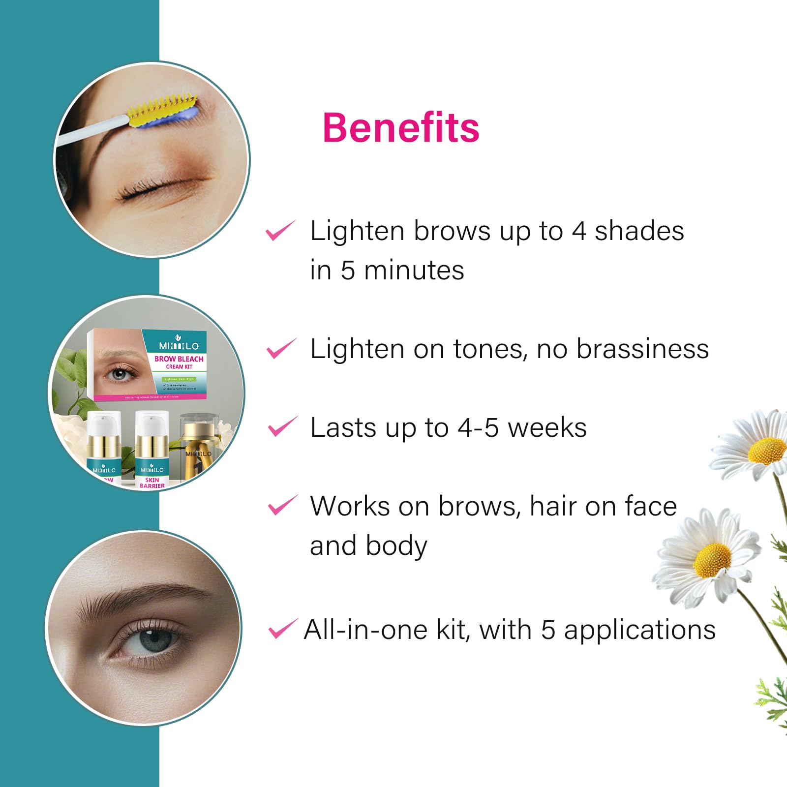 Brow Bleach Kit, Eyebrow Bleach, Brow Lightening Kit, Eyebrow Lightener, Gentle & Effective, Works for All Types, Creates You a Lighter & Natural Brow Color, 5 Applications