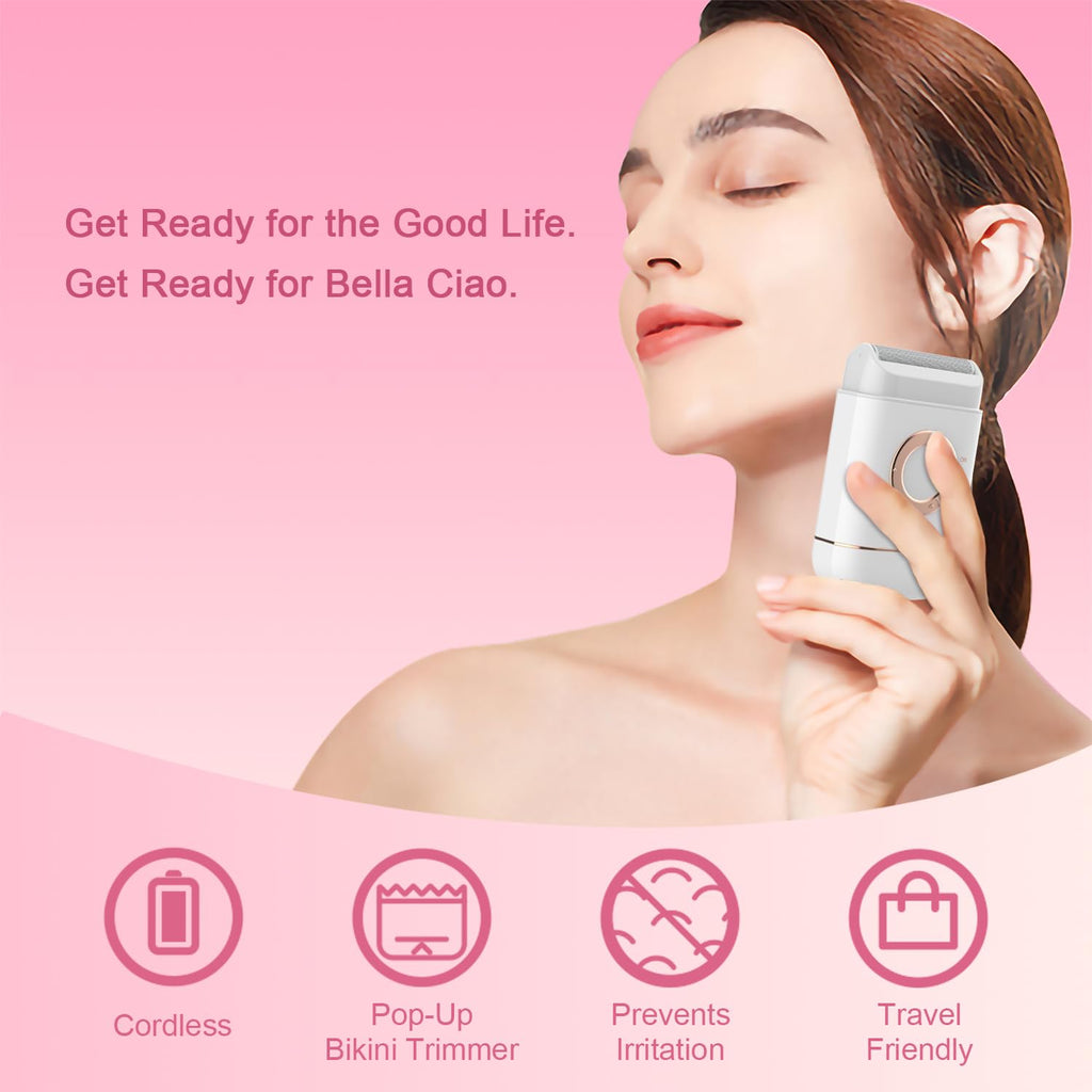 Bella Ciao Cordless Foil Shaver & Electric Bikini Trimmer for Women and Men, Portable Battery-Powered Electric Razor with Floating Foil, Pop-Up Detail Trimmer, Protective Cap & Cleaning Brush