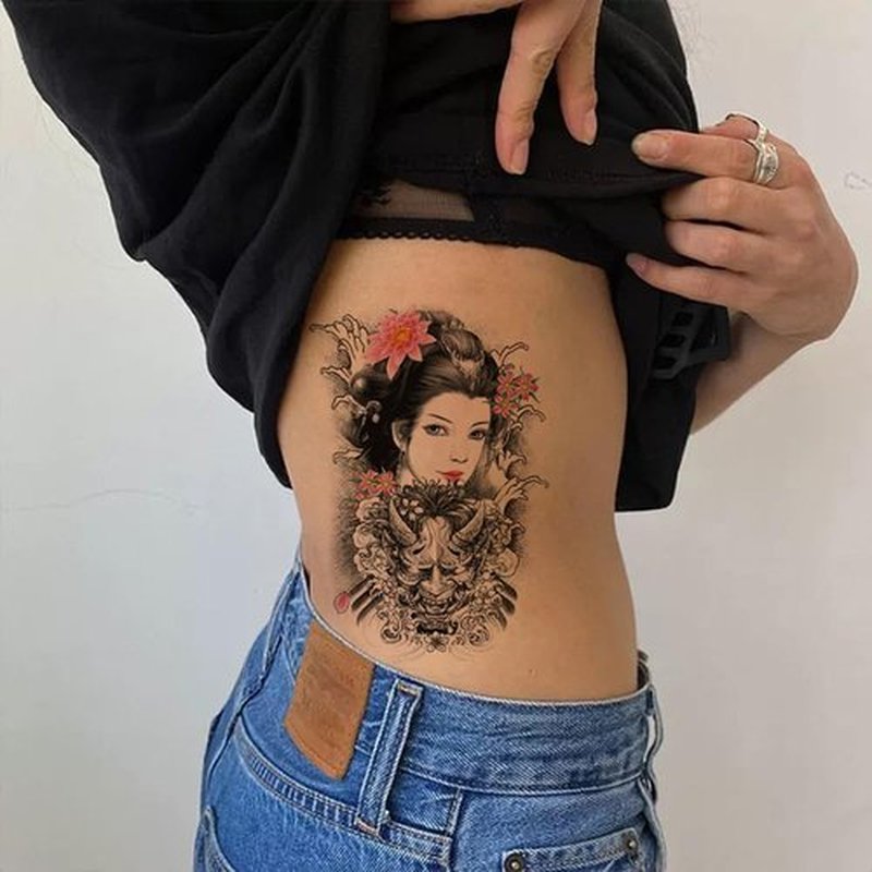 Oottati 6 Sheets Arm Fake Waterproof Body Art Temporary Tattoos Stickers Japanese Geisha Samurai Women Tiger Prajna Dark Red Blood