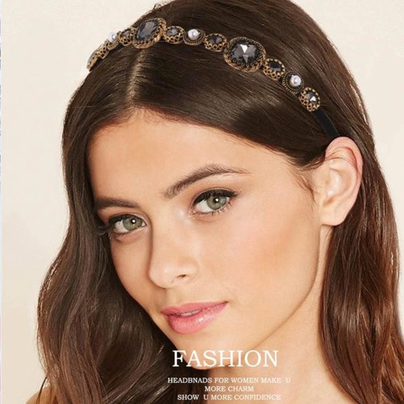 Firuilo Baroque Crystal Headband Pearl Rhinestones Hairbands Black Thin Headband for Women(Type A)