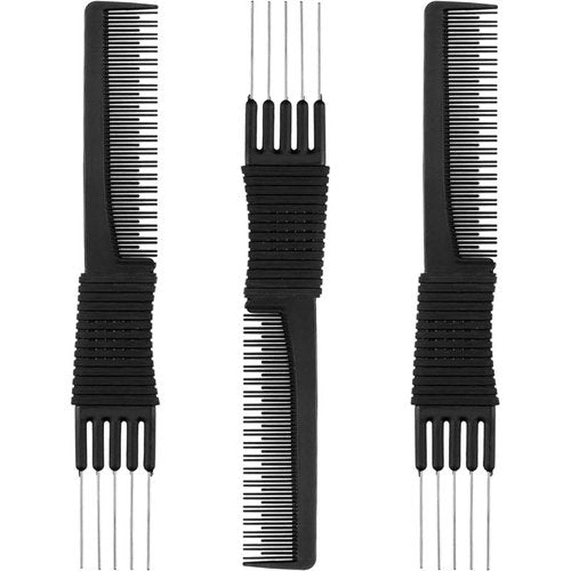 Leinuosen 3-Pack Carbon Lift Teasing Combs - Metal Prong Hair Picks for Women's Styling | Black