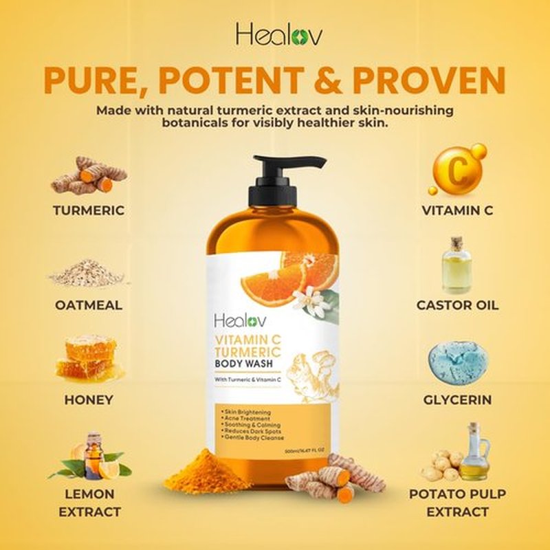 Turmeric Body Wash – Natural Skin Brightening Soap for Dark Spots & Hyperpigmentation – Exfoliating Turmeric Face & Body Wash for Scars, Glow & Gentle Daily Cleansing – Plant-Based Liquid Bath Soap