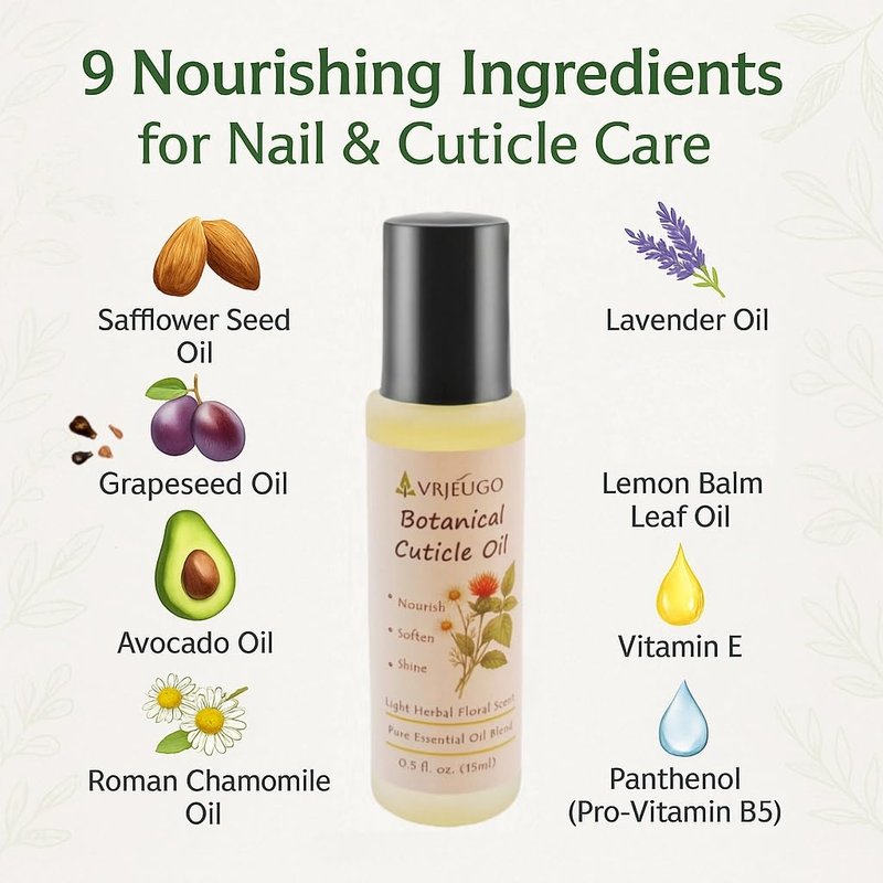 VRJEUGO Cuticle Oil Roll-On for Nails & Cuticles – 100% Natural Nourishing Formula with Chamomile, Lavender & Lemon Balm – Moisturizes Dry Skin, Strengthens Nails – Mess-Free, Fast-Absorbing – 15ml