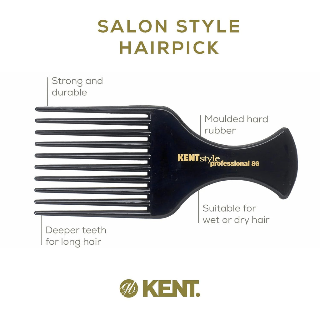 Kent SPC86 Black Salon-Style Professional Pick and Barber Comb - Afro Parting Comb for the Care of Curly and Thick Hair - Sleek style comb,Anti-Fatigue with a Rubberized Professional Finish