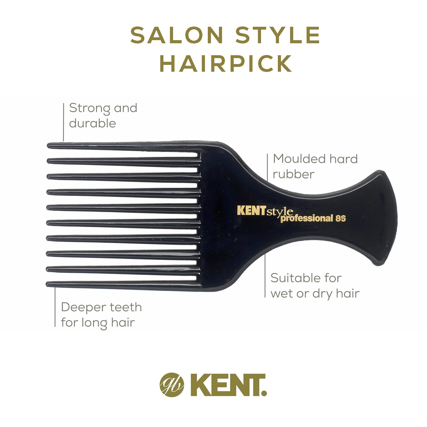 Kent SPC86 Black Salon-Style Professional Pick and Barber Comb - Afro Parting Comb for the Care of Curly and Thick Hair - Sleek style comb,Anti-Fatigue with a Rubberized Professional Finish
