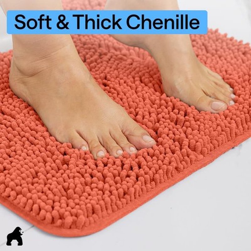 GORILLA GRIP Bath Rug Mat - Thick Soft Absorbent Chenille | Quick Dry Microfiber 60x24 Coral