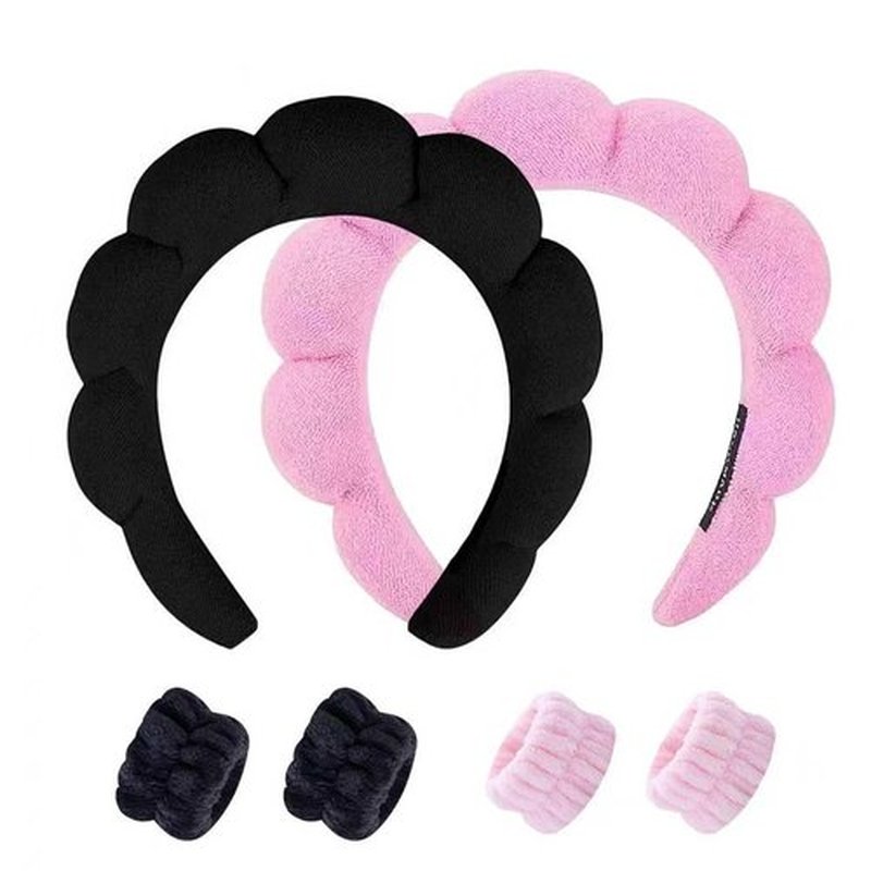 HKOVNE Spa Headband and Wristband Set for Women,Terry Cloth Sponge Headband for Washing Face,Makeup,Facial Mask and Skincare (Black,Pink, One Size)