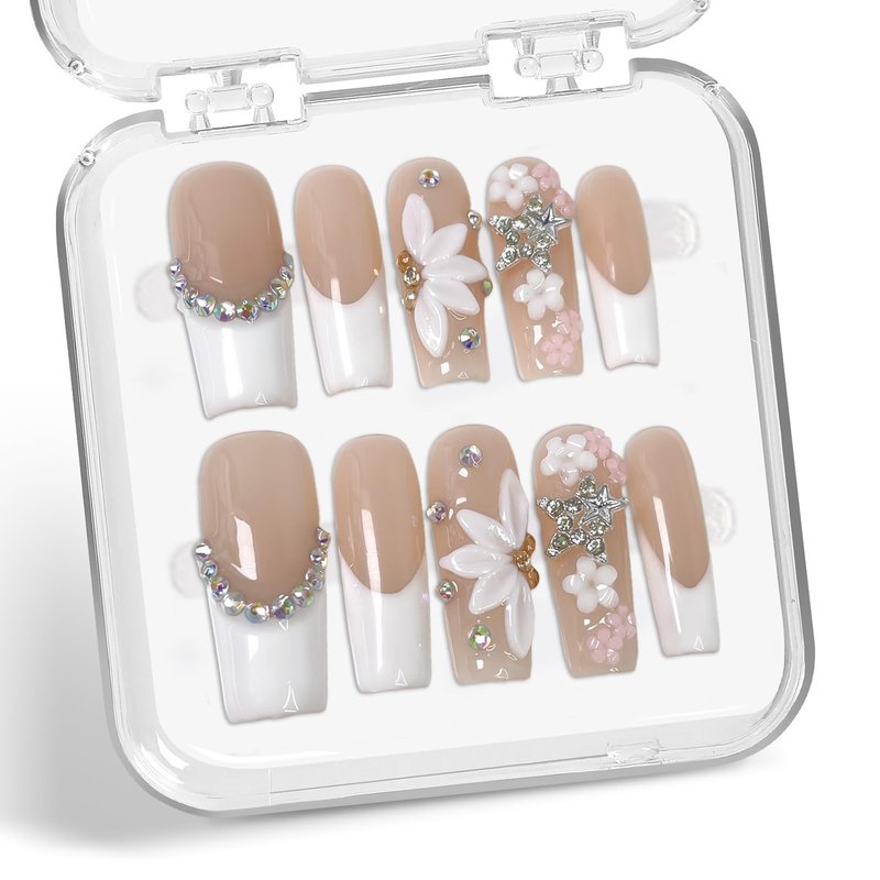 White French Tip Press on Nails Flower Handmade Press on Nails with Rhinestone Designs Long Coffin Shaped Fake Nails Full Cover Thick Acrylic and Muti-Layer Gel Stick on Nails for Women (M)