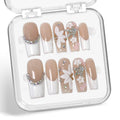 White French Tip Press on Nails Flower Handmade Press on Nails with Rhinestone Designs Long Coffin Shaped Fake Nails Full Cover Thick Acrylic and Muti-Layer Gel Stick on Nails for Women (M)