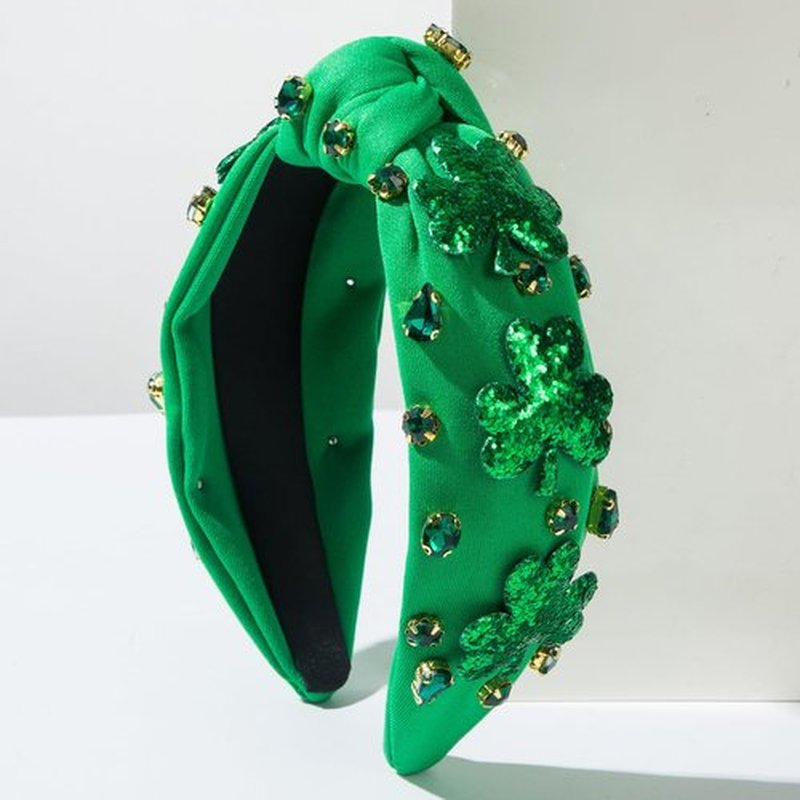 St.Patrick's Day Headband for Women Green Sequins Shamrock Knotted Headbands Rhinestone Crystal Lucky Leaf Embellished Wide Top Knot Headbands St.Patrick's Day Accessories