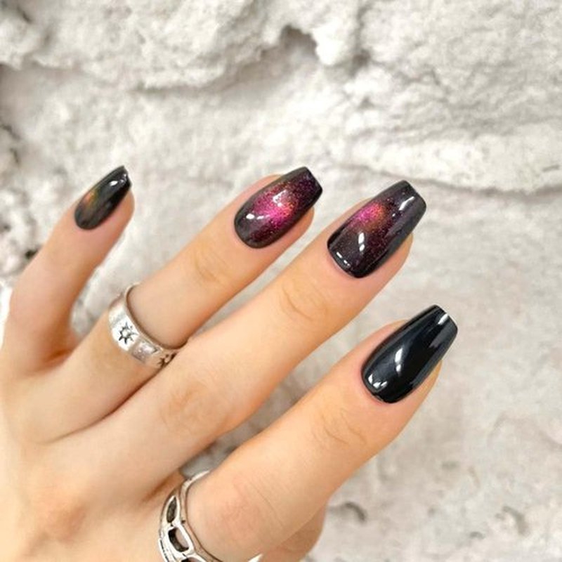 Redykat 30PCS Handmade Glossy Short Coffin Press On Nails, Cat Eye Press on Nails, Salon Quality Nail art, Magnetic Acrylic Fake Nails, False Nails (Chase the Moon)