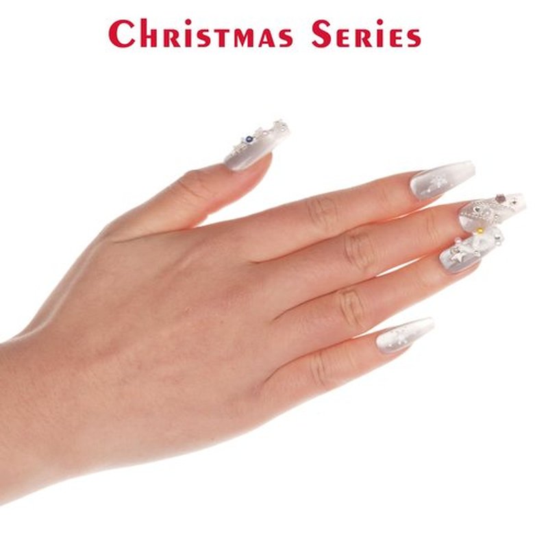 Coffin Shaped Cat Eye Press on Nails - Cateye Saint Christmas White Tree | Ballerina Artificial False Nails, Glossy White Fake Nails with 3D Pearls & Snow, Salon Quality Reusable Nails Kit (Size M)