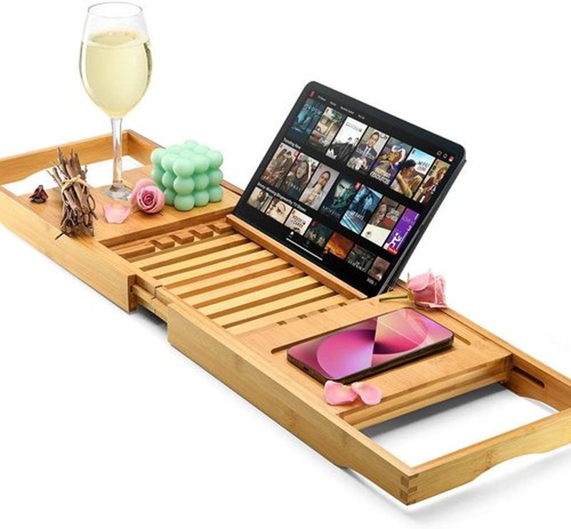 Luxury Foldable Bathtub Tray Caddy - Waterproof Wooden Organizer for Wine, Books & Phones | Expandable Fit