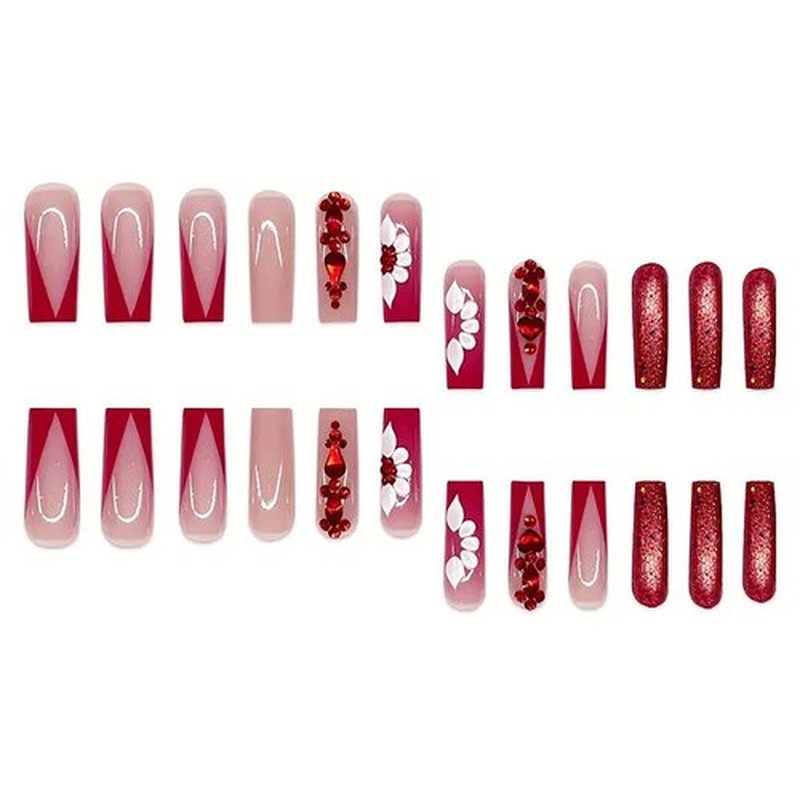 RTKHFZE Red Press on Nails Long Fake Nails Square Extra Long Nails Press ons with Flower And Rhinestones Design Glitter Acrylic Nails Artificial Nails