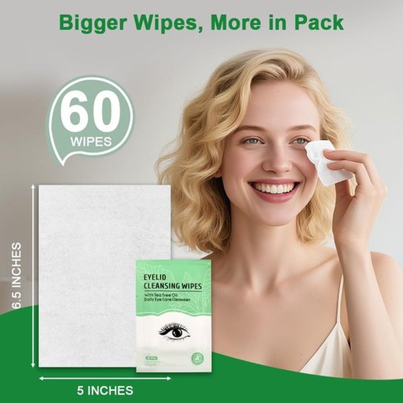 Eyelid Wipes, Gentle Eyelid Cleansing Wipe with Tea Tree Oil, Moisturizing Eye Wipe for People with Dry Eyes, Itchy, Styes & Blepharitis & Lash Wipes Individually Wrapped for Travel (60 count)