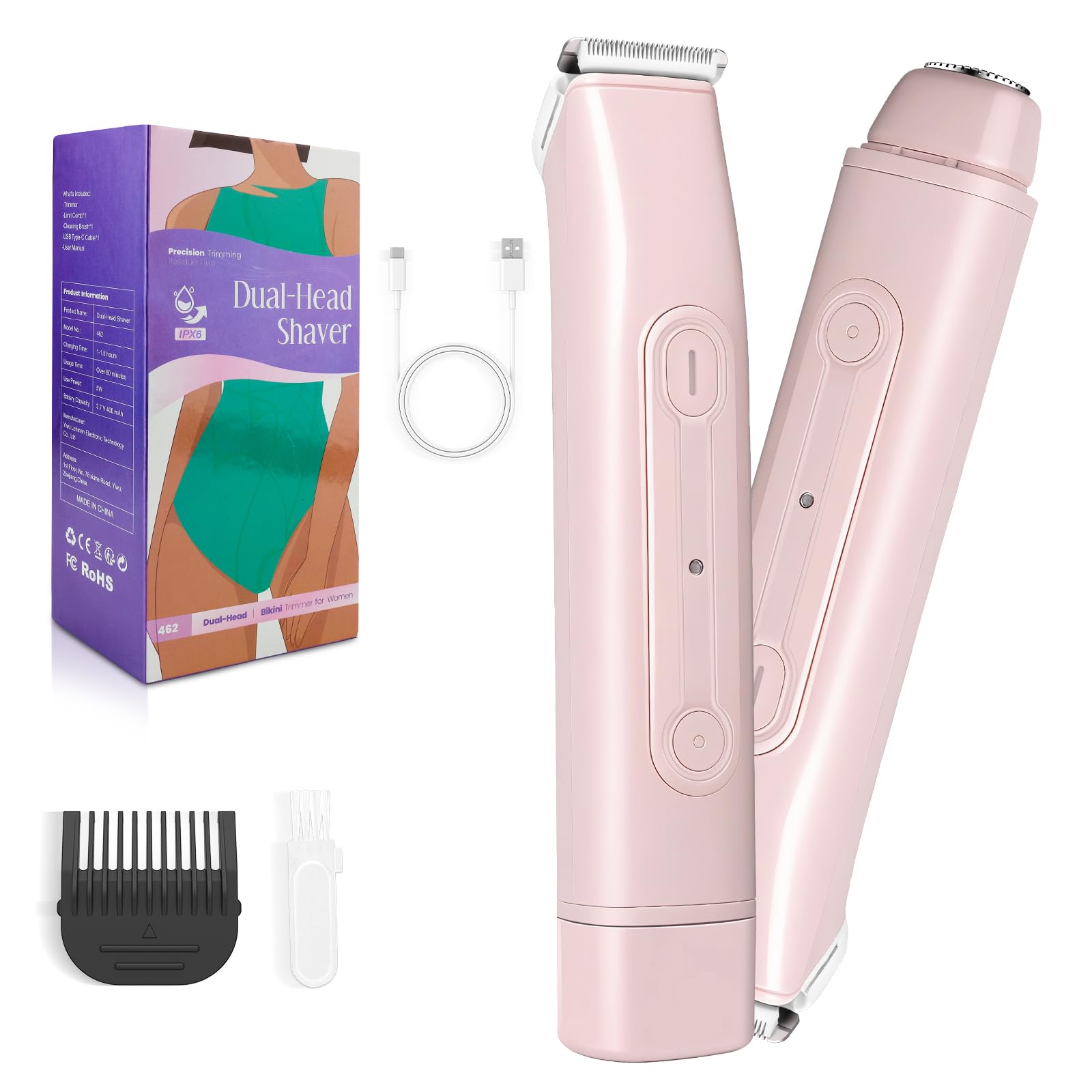 Lanumi 2 in 1 Electric Shaver Dual Head Bikini Trimmer Women IPX6 Wet Dry Pubic Hair Trimmer Rechargeable Body Facial Hair Remover for Face Lip Chin Underarm Legs (Pink)