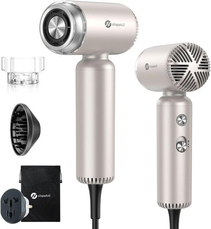 Slopehill Dual Voltage Mini Hair Dryer - Lightweight Ionic Blow Dryer for Fast Drying | Compact & Quiet with Magnetic Diffuser, 100-240V