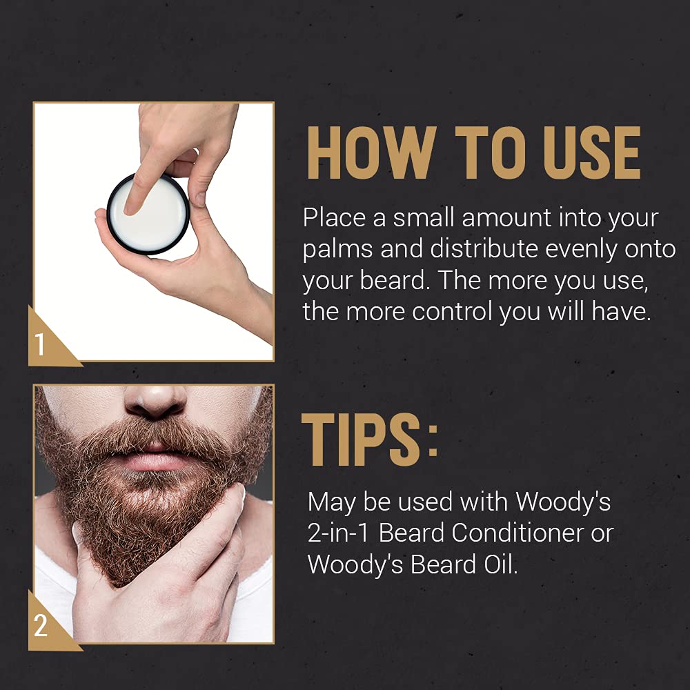 Woody's 2-in-1 Beard Balm for Men - Natural Beeswax Beard Softener & Styling Wax, 2 oz