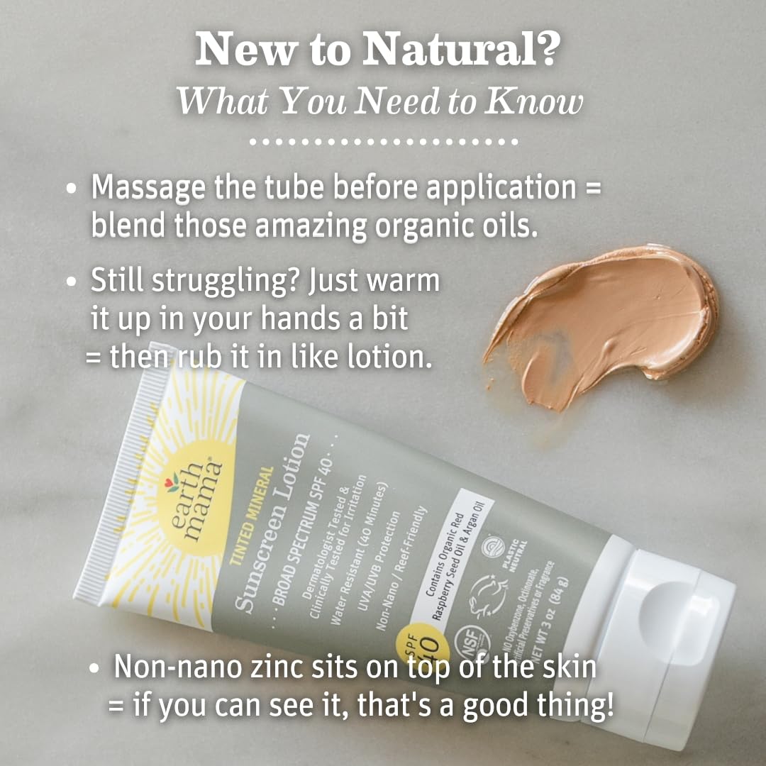 Earth Mama Tinted Mineral Sunscreen Lotion SPF 40-3 oz - Non-Nano Zinc - Broad Spectrum Tinted Sunscreen - Blends with Most Skin Tones