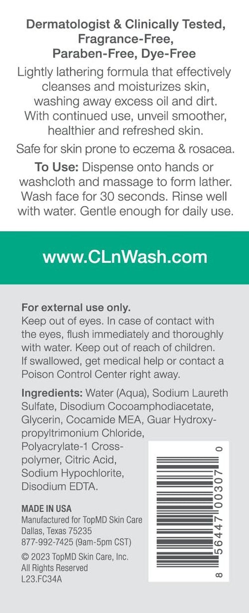 CLn® Facial Cleanser - Hydrating Formula for Dry, Sensitive Skin | Fragrance-Free & Paraben-Free, 3.4 fl. oz.