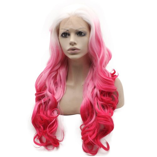Aurssa Long Wavy Ombre Pink Synthetic Lace Front Wig Half Hand Tied Heat Resistant Fiber Hair Cosplay Wig