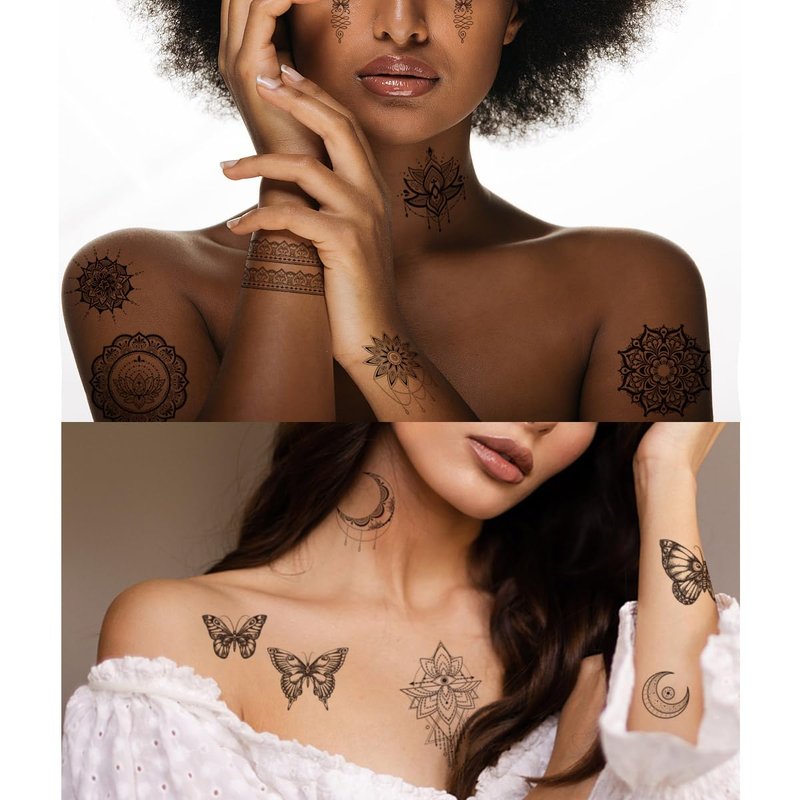 VIWIEU Fake Small Black Henna Temporary Tattoos 10 Pack for Adult Women, Realistic Flower Lace Finger Hand Arm Removable Body Art Stickers Summer Wedding Party Bridal Favors, Long Lasting Waterproof