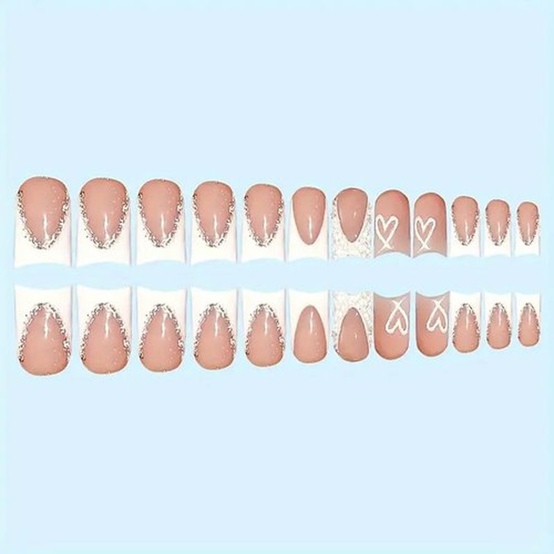 Short Press on Nails Square,Short Length Fake Nails White French Tips False Nails with Rhinestones Designs Acrylic Nails Press on Glossy Glue on Nail for Christmas/Valentine'S Day/Women 24Pcs