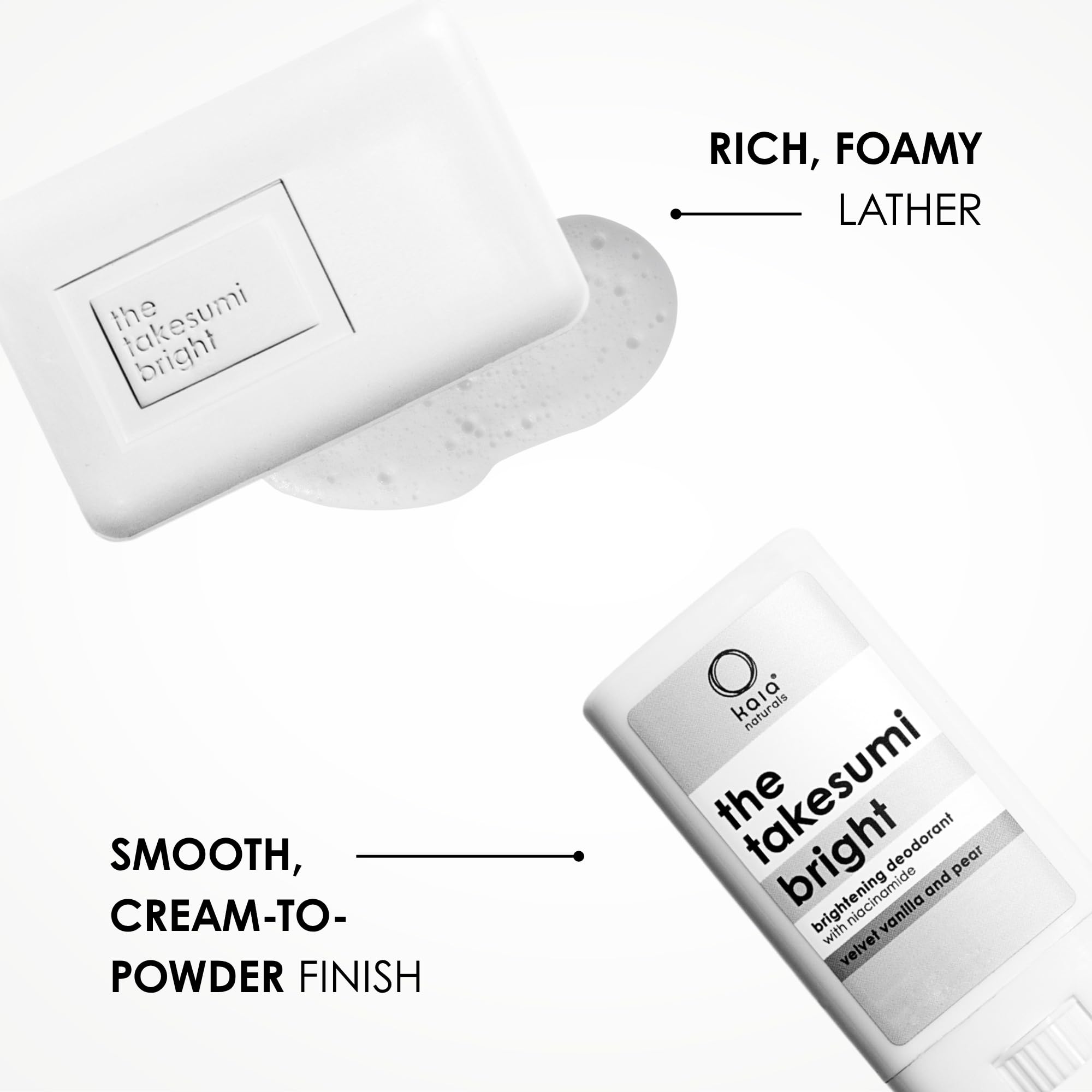 Kaia Naturals the takesumi bright® the bright travel kit – Brightening Deodorant (2.4oz/17g) + Kojic Acid Soap (2.4oz/68g), Natural Deodorant for Underarms, Niacinamide, 2-Step Odor Control