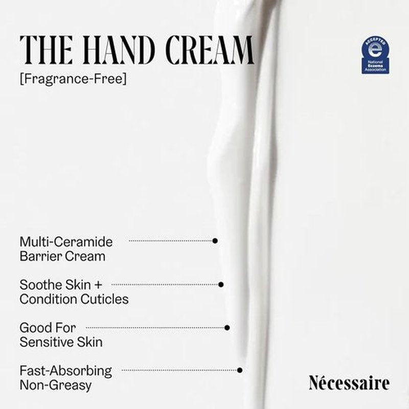 Nécessaire Hand Cream - Fragrance-Free, Fast-Absorbing Formula with 5 Ceramides & Peptides | 2.2 fl oz
