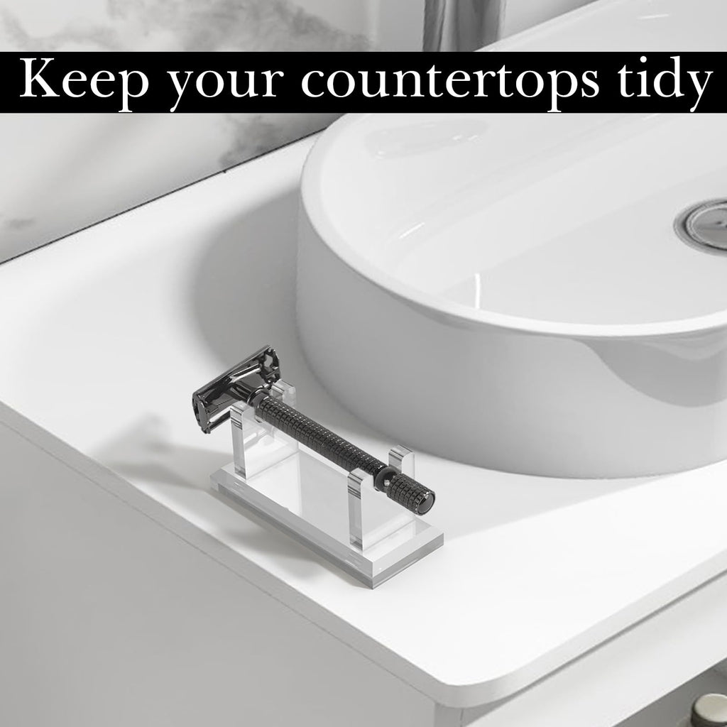 Linkidea Acrylic Men's Razor Stand Holder, Stable Storage Bracket Bathroom Countertop Organizer, Easy Clean, Compatible with Viking Blade Chief, MK-23C, Shaving Revolution (Clear)