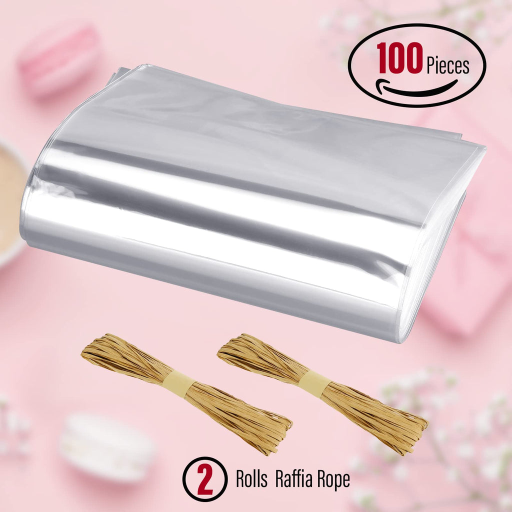 Tudomro 100 Pcs Clear Soap Bags for Homemade Packaging 5'' x 8'' Flat Cellophane Wrappers Bags with Raffia Rope for Soap Bar Making Supplies Wedding Craft Gift Birthday Party Favor