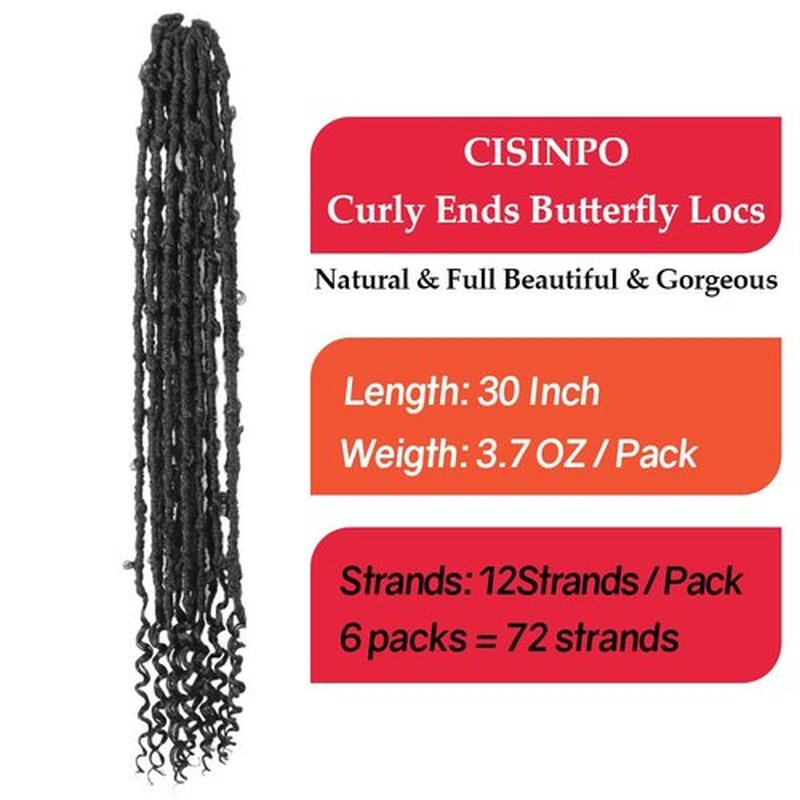 CISINPO Butterfly Locs Crochet Hair with Curly Ends 30 Inch, 6 Packs Boho Distressed Locs Hair Extensions, Bohemian Goddess Faux Butterfly Braids Can be Used for Wigs (1B, Natural Black)