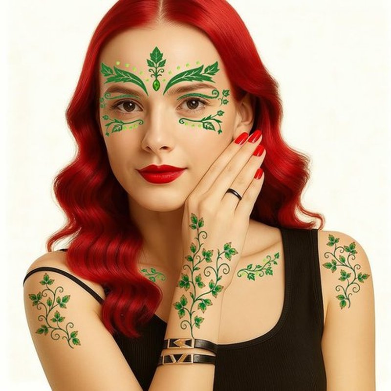 ENYACOS Ivy Face Sticker Set with Face Paint Temporary Tattoos and Green White Face Gems, Glitter Ivy Accessories for Halloween Costume, Cosplay Festival Makeup for Women Girls (A)