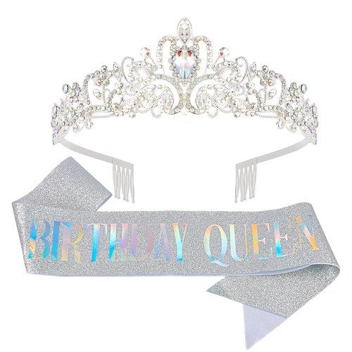 AOPRIE Birthday Queen Sash & Tiara, Silver, 2 Pack, Women & Girls, Classic Design, Rhinestone Embedded, Adjustable, 5.5 Inch Length, 60 Inch Sash