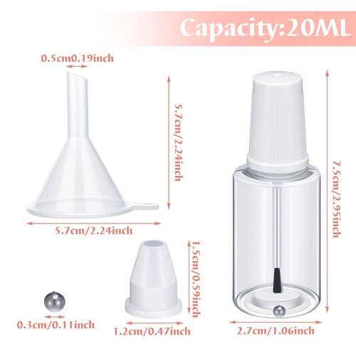 Irenare 20 Pcs 20ml Refillable Empty Nail Polish Bottles Plastic Nail Polish Container Empty Bottle with Mixing Marble Conservation Insert Brush Top, Clear