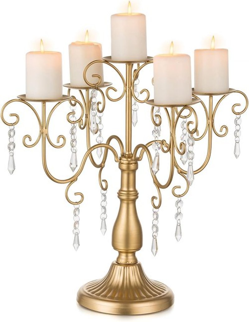 Sziqiqi Gold Candelabra Centerpiece - 5 Arm Pillar Candle Holder with Crystal Beads for Weddings & Events