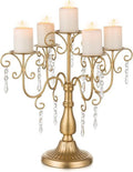 Sziqiqi Gold Candelabra Centerpiece - 5 Arm Pillar Candle Holder with Crystal Beads for Weddings & Events