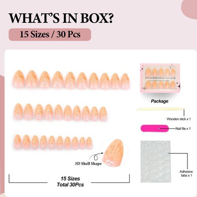 Fomkrio Orange Line French Tip 3D Shell Fun Painting Pearls Charms Short Press On Nails Almond Acrylic Fake Nails with Design, Spring Summer Nails for Women Girls, 15 Sizes - 30Pcs Manicure Nail Kit