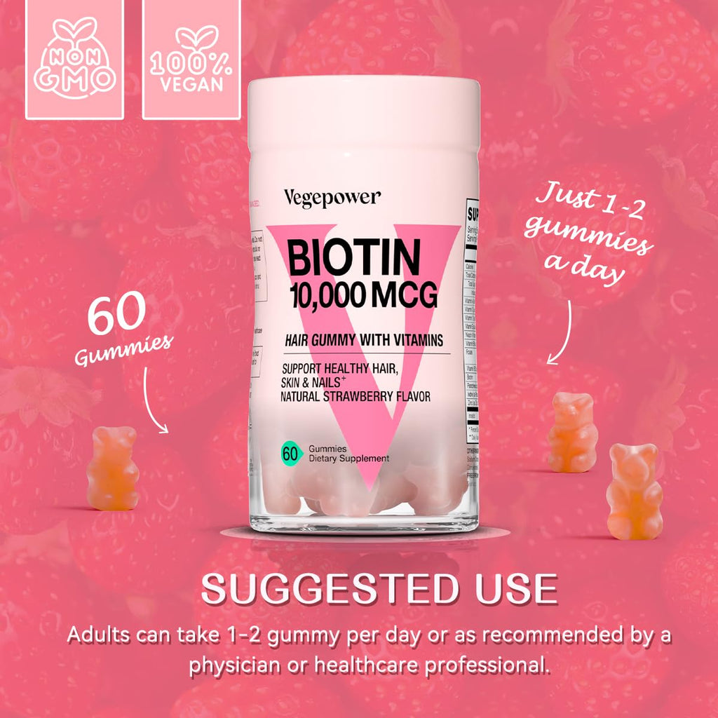 VEGEPOWER Biotin Gummies for Hair Growth 10000mcg - Vegan Biotin Vitamins Supports Healthy Hair, Skin and Nails, Hair Vitamin Gummy for Women & Men - Non-GMO, Chewable Supplement