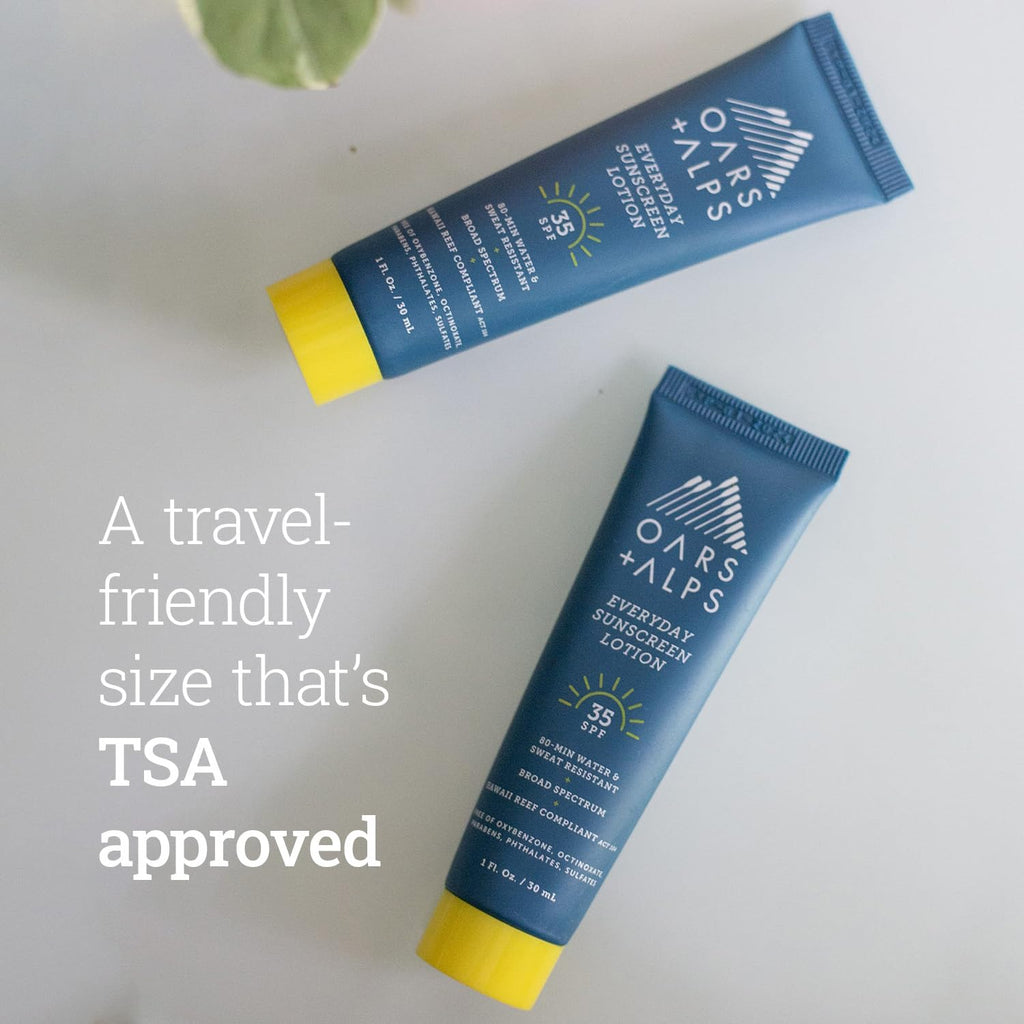 Oars + Alps Travel Sunscreen Body Lotion for Everday Use, SPF 35 Body & Face Sunscreen Lotion, Infused with Aloe & Vitamin E, No Residue, Water & Sweat Resistant, All Skin Types, Lightweight, 1oz, 5pk