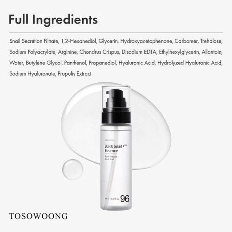TOSOWOONG Black Snail Plus Essence With 960,890ppm Black Snail Secretion Filtrate, Hydrating Serum, Repairing, Anti Aging, Dull Skin, Fine Lines, Sensitive Skin, Korean Skin Care, 100ml, 3.38 fl.oz.