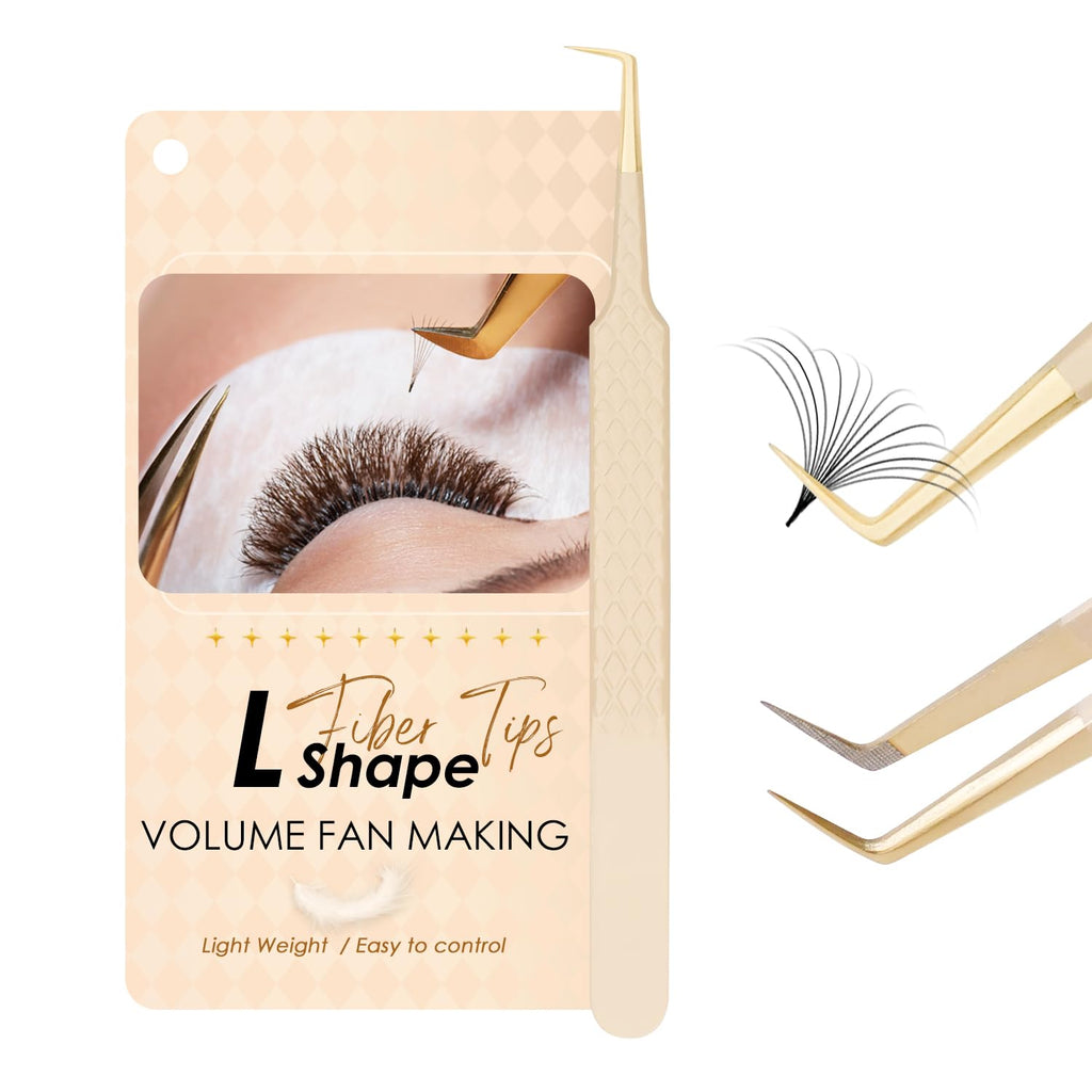 Beeutemaker Beige Fiber Tip Lash Tweezers for Eyelash Extensions – L Shape 90-Degree for Volume Fan Making, Professional Precision Lash Extension Tweezers