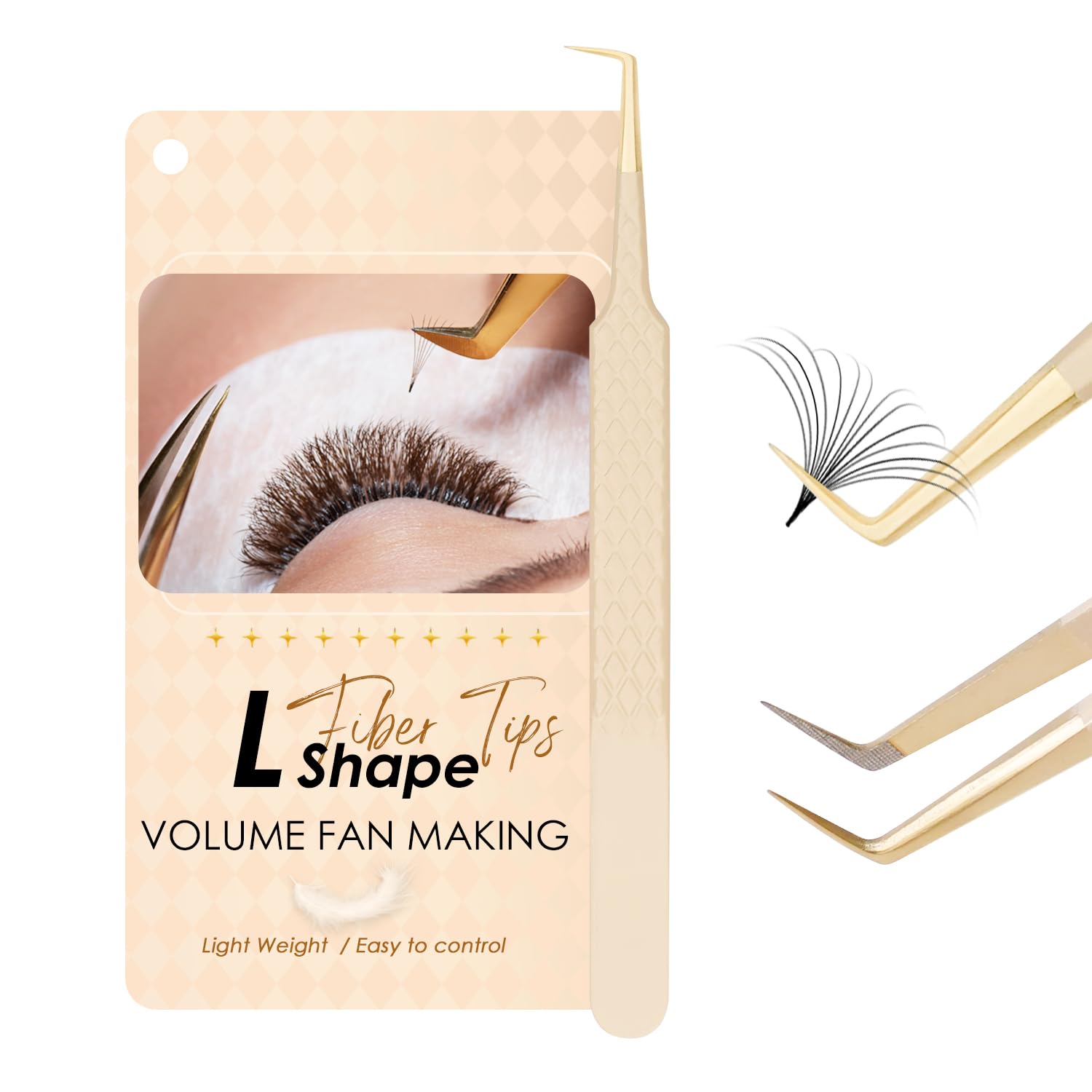 Beeutemaker Beige Fiber Tip Lash Tweezers for Eyelash Extensions – L Shape 90-Degree for Volume Fan Making, Professional Precision Lash Extension Tweezers