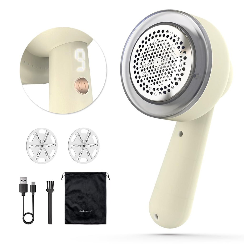 Ventosud Fabric Shaver Lint Remover Rechargeable, Clothes Shaver Pill Remover with 6-Leaf Blades LED Digital Display 3-Gears Adjustable for Clothing Couch Furniture, Cream White