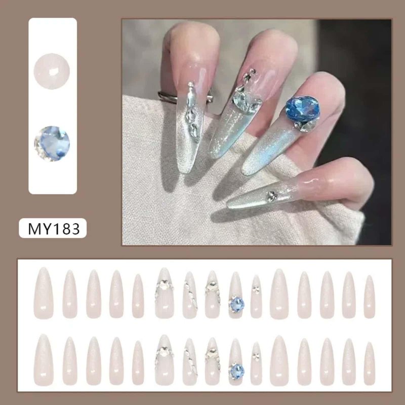 White Long Stiletto Fake Nails 30 Pcs Handmade Press on Nails Almond with Turquoise Blue 3D Crystals Designs Cute Glue on Nails Nude Gradient Gel Nail Artificial Stick on Nails for Women