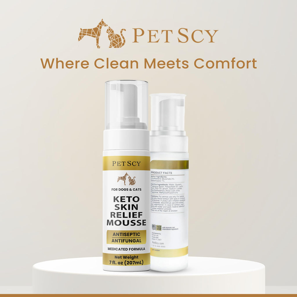 Petscy Keto Skin Relief Mousse for Dogs & Cats – 2% Chlorhexidine & 1% Ketoconazole – No-Rinse, Non-Greasy Mousse for Itchy, Dry, or Irritated Skin – Soothing Aloe, Easy Application - 7 fl oz